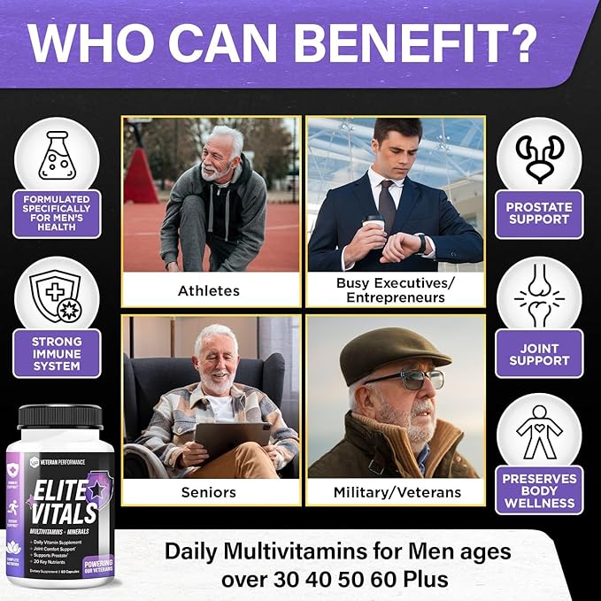 Elite Vitals Multivitamin for Men β Daily Mens Multivitamins Ages Over 20 Plus β Prostrate Energy Immune Joint Support β Daily Mens Vitamins and Minerals (60 Capsules)