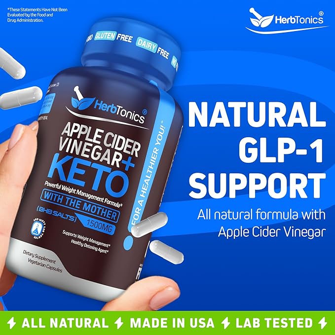 Herbtonics Apple Cider Vinegar with Keto BHB Salts - GLP-1 Support Supplement for Metabolism and Appetite Control, 240 Capsules.