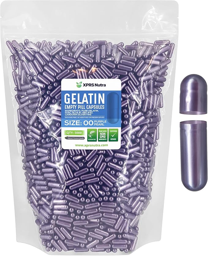 XPRS Nutra Size 00 Empty Capsules - 5000 Count Empty Gelatin Capsules - Empty Pill Capsules - DIY Capsule Filling - Fillable Pill Capsules Empty Gel Caps (Purple Pearl)