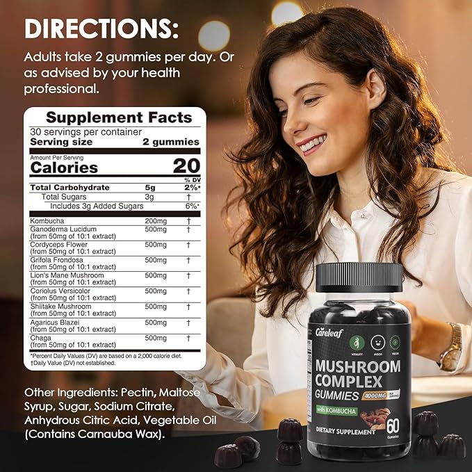 9 in 1 Mushroom Gummies with Lion's Mane for Focus and Energy Supplement to Support Immune System De-Stress Boost Mood & Energy 60 Count Kombucha Flavor