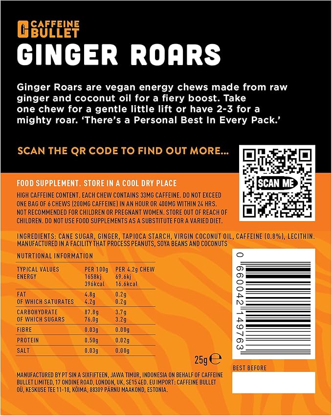 Ginger Roars - 60 Energy Gummies - Vegan Caffeine Chews Each 33mg, Made with a Tasty, Natural Fiery Kick for Improved Running, Cycling, Preworkout & Focus.