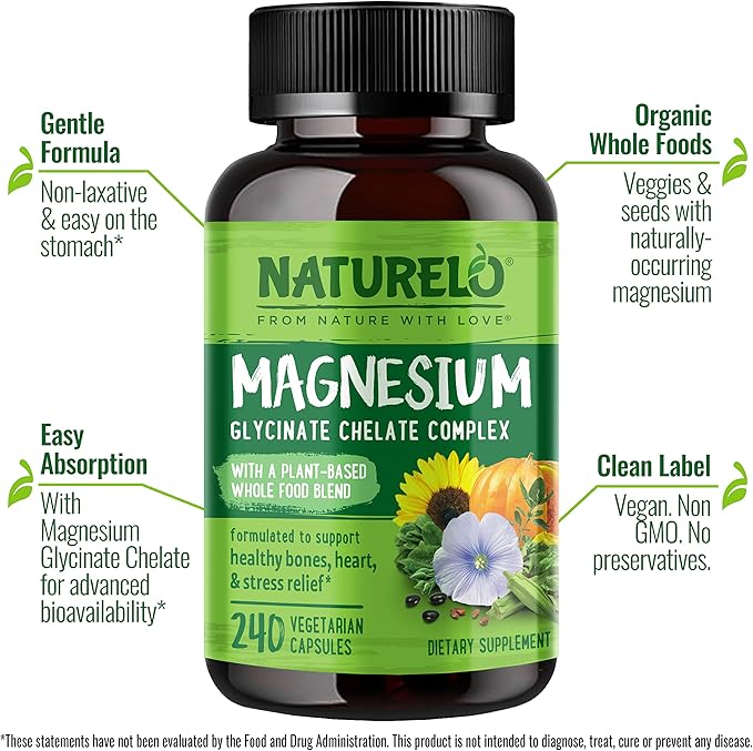 NATURELO Magnesium Glycinate Supplement 200 mg 240 Capsules