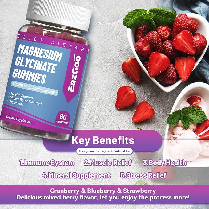 Magnesium Glycinate Gummies 400mg with L-Threonate 200mg - Sugar-Free Magnesium Potassium Supplement with Vitamin D, B6, CoQ10 for Muscle - 120 Mixed Berry Flavored Gummies