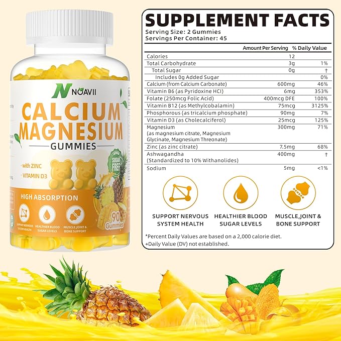 Calcium Magnesium Zinc Gummies with Vitamin D3, ashwagandha Flavor-180 Count