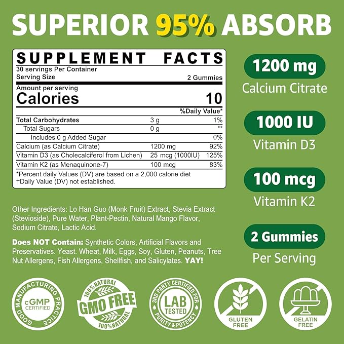 Calcium Citrate Gummies 1200mg with Vitamin D3 K2, Chewable Calcium Supplements for Women & Men, High Potency Support B0ne, Te*th, Strength & Immune Health, Mango Flavor, Non-GMO, Sugar Free, 60 Cts