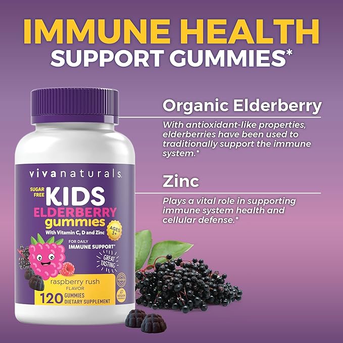 Viva Naturals Sugar-Free Sambucus Elderberry Gummies for Kids, 8-in-1 Children Immune Support with Vitamin C & Zinc – Chewable, Vegan & Gluten-Free (120 Count) for Daily Wellness