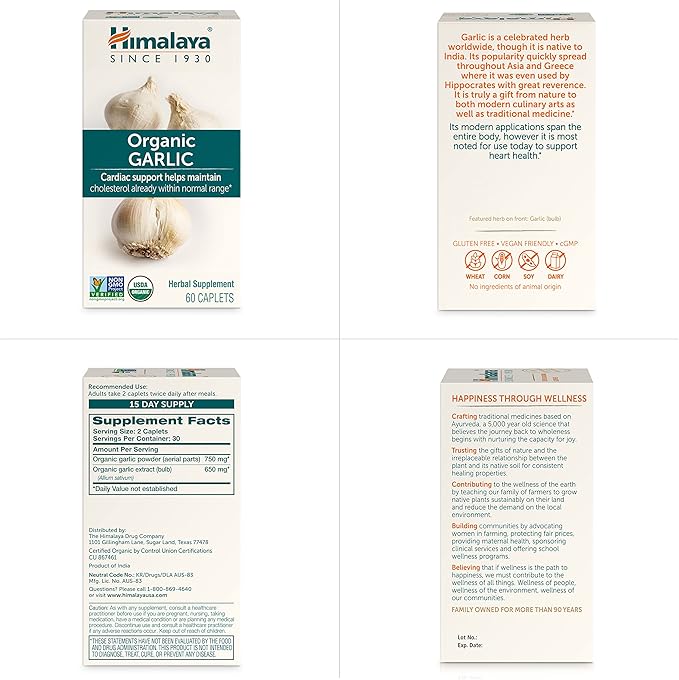 Himalaya Organic Garlic, for Lipid Metabolism 1,400 mg, 60 Caplets, 1 Month