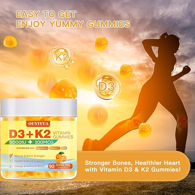 Vitamin D3 K2 Gummies, Vitamin D3 5000IU with K2 (MK-7) 100mcg Gummy for Women and Men, Sugar-Free D3 K2 Supplement with Magnesium, Vitamin C, Zinc Support Muscle, Bones & Immune