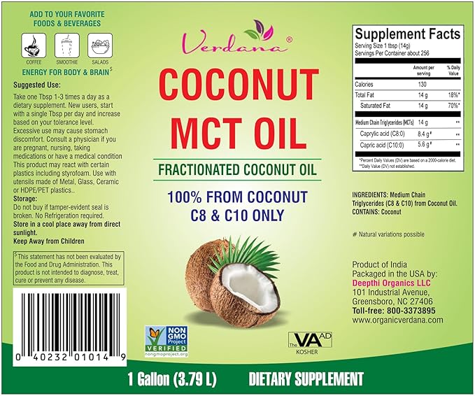 Verdana MCT Oil, Fractionated, 100% from Coconut - 1 Gallon - Kosher Food Grade, Vegan, Non-GMO - Great for Keto and Paleo Diet, Oil Pulling Oral Rinse Mouthwash (128 Fl Oz)…