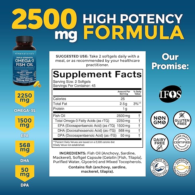 Viva Naturals Triple Strength Fish Oil 3 Supplement 2500 mg 3 Fatty 90 Pescatarian-Friendly