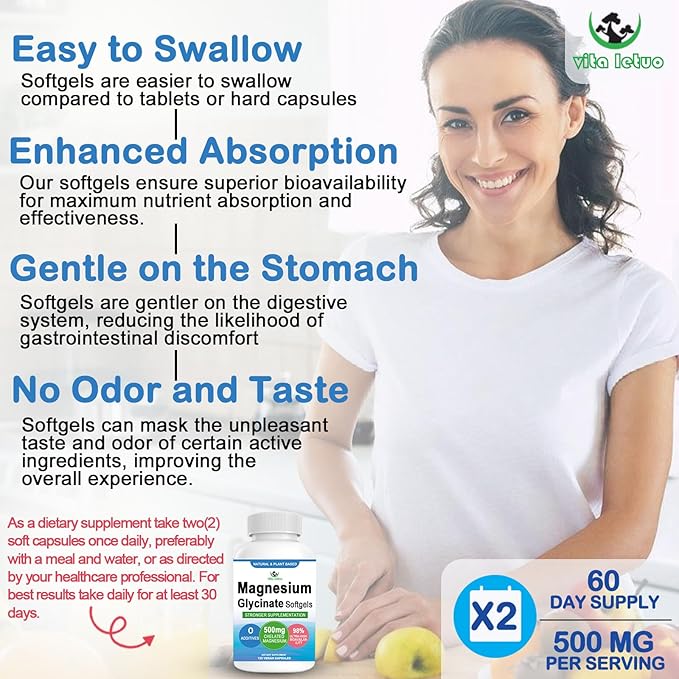 Magnesium Glycinate Supplement, 2 Months Supply 500mg for