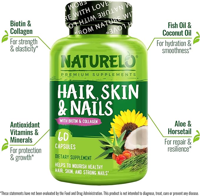 NATURELO Hair, Skin and Nails Vitamins 5000 mcg 60 Capsules