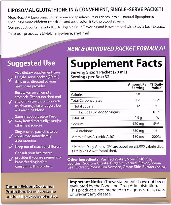 Aurora Nutrascience Mega-Pack Liposomal Glutathione, Antioxidant, 750 mg 32 Packets, 21.7 fl (640 mL)