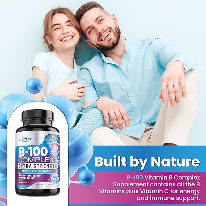 Vitamin B Complex B1, B2, B2, B3, B3, B5, B5, B6, B6, B7, B7, B9, B9, B12, B12, Folic B-100 Supplement 60 Capsules