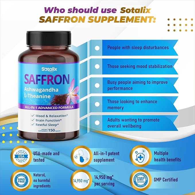Saffron 14,950mg with Ashwagandha, Ginseng, L-Theanine, Relaxation, Restore - USA Made & Tested (150-day Supply (Pack of 1))