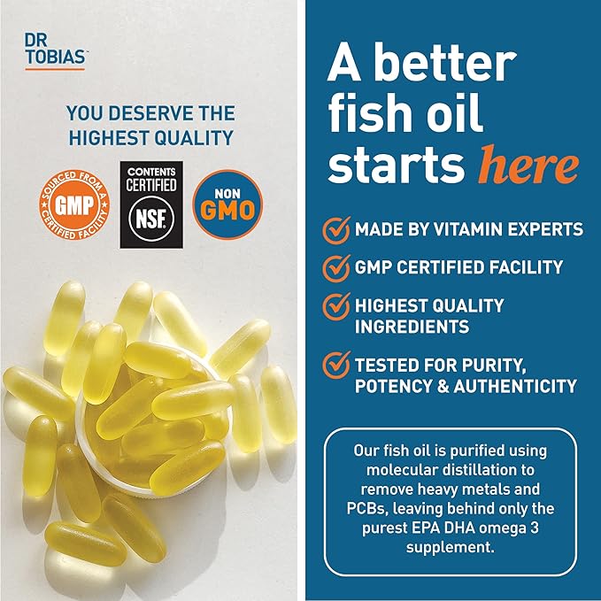 Dr. Tobias Omega 3 Fish Oil, 2000mg Triple 3 Supplement 800mg EPA 600mg DHA 3 Supplements 360 Softgels, 180 Servings