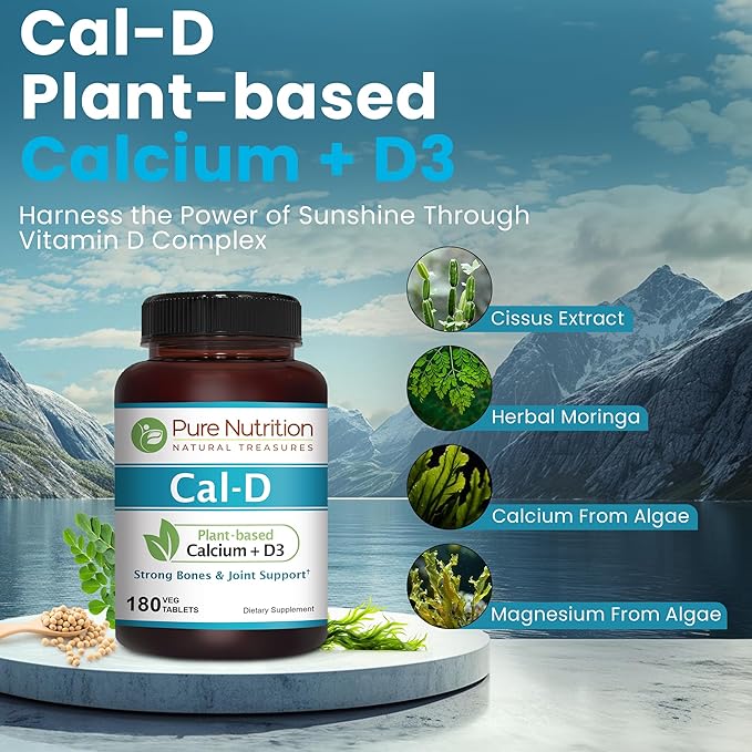 Pure Nutrition Cal D - Plant Based Calcium with Vitamin D3 K2 and Magnesium. Vegan Calcium Supplement with 500mg Elemental Calcium per Serving. Algae Calcium Supplement for Bone Health | 180 Tabs