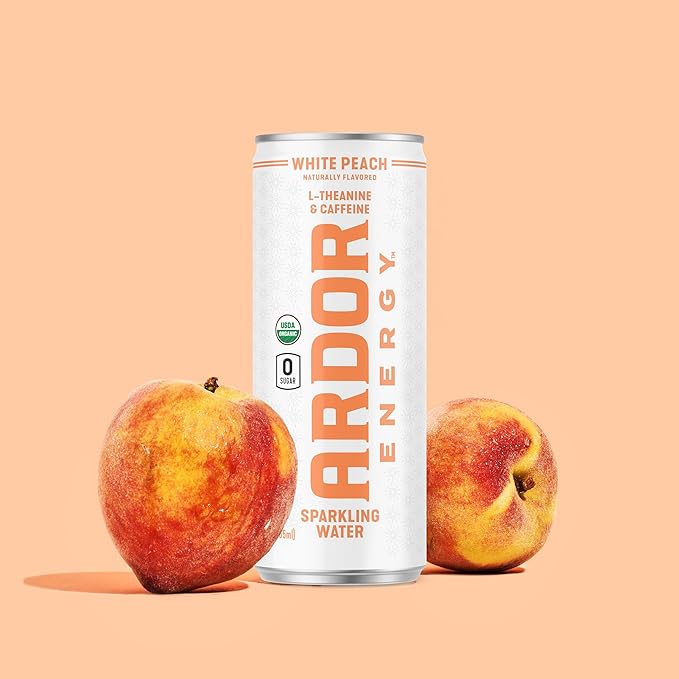 ARDOR ENERGY Sparkling Water White Peach 12 pack with 100mg Organic Caffeine from Green Tea & 200mg Organic L-Theanine (Focus & Calm). No Sugar. No Calories. Vegan. Gluten Free.