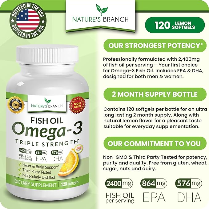 Best Triple Strength Omega 3 Fish 2400mg | 120 Capsules 864mg EPA 576mg DHA
