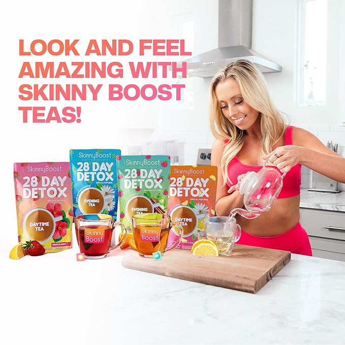 SkinnyBoost 28 Day Detox Tea Kit – Natural Cleansing & Bloating Support – 3 Pack - 28 Daytime Tea Bags & 14 Evening Tea Bags – Green Tea & Herbal Blend – Non-GMO, Vegan, Keto-Friendly, Sugar-Free