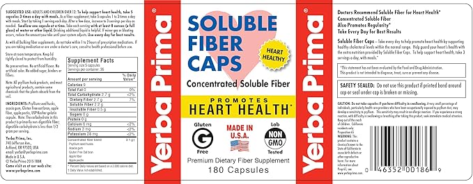 Yerba Prima Soluble Fiber Formula Capsules, 180 Count