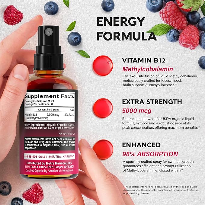 NUTRAHARMONY USDA Organic Vitamin B12 Spray - 5000 mcg Liquid Vegan Methylcobalamin for Women & Men - Energy Boost, Focus & Mood, Brain Health Support - Maximize Absorption - 2 Month Supply, 2 fl oz