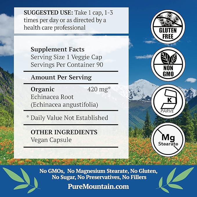 Pure Mountain Botanicals Echinacea Capsules Supplement 420mg Organic