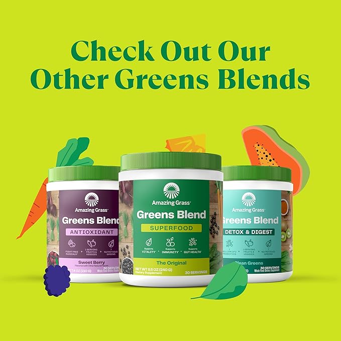 Amazing Grass Greens Superfood Powder: Greens Powder with Digestive Enzymes & Probiotics, Organic Spirulina, Chlorella, and Beet Root Powder, Berry, 100 Servings