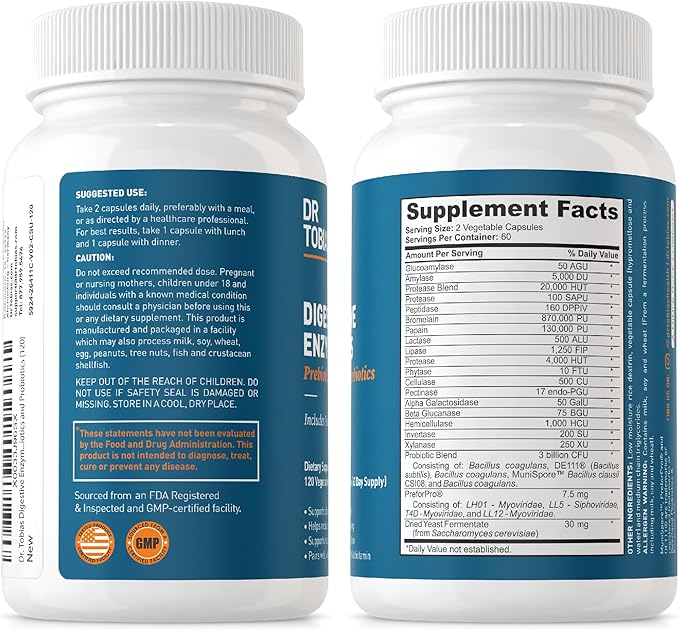 Dr. Tobias Digestive Enzymes with Probiotics, 120 Capsules 60 Servings (2 Daily)