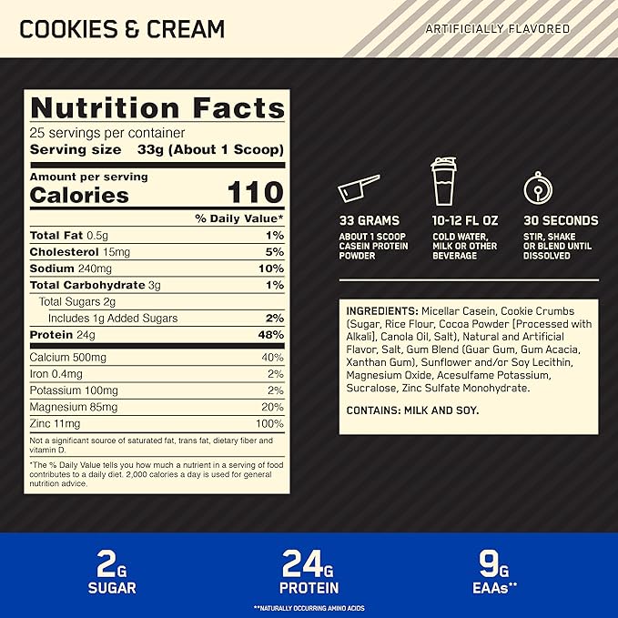 Optimum Nutrition Gold Standard 100% Micellar Casein Protein Powder, Slow Digesting, Helps Keep You Full, Overnight Muscle Recovery, Cookies and Cream, 1.81 Pound (Packaging May Vary)