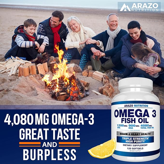 Arazo Nutrition Wild Caught Omega 3 120 Soft 4,080mg High 1200mg DHA 900mg Lemon