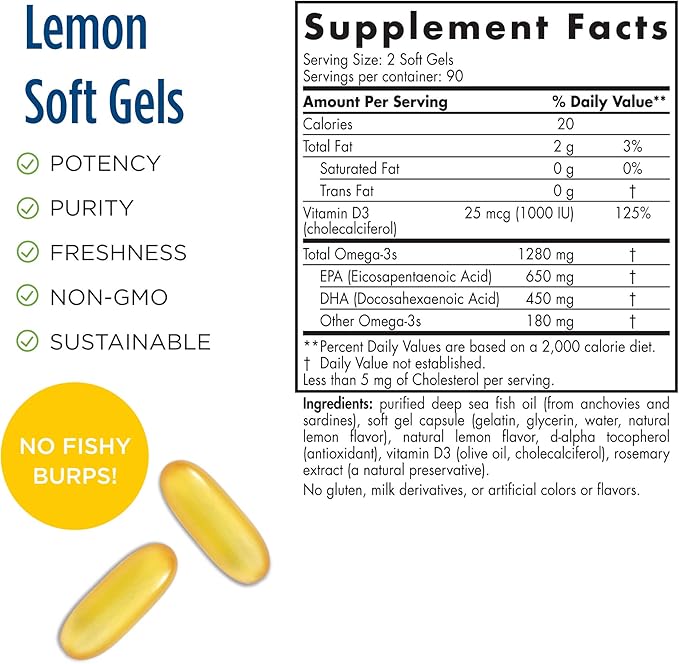 Nordic Naturals ProOmega-D, Lemon Flavor 180 Soft 1280 mg Omega-3 + 1000 IU D3 - 90 Servings