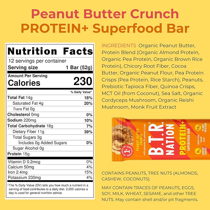 B.T.R. Bar Superfood Keto Protein Bars, Plant Based Vegan Protein, Low Carb Food, Low Calorie, Gluten Free, No Sugar Alcohols, Boosted with Superfoods - (12 Pack) (Variety Pack)