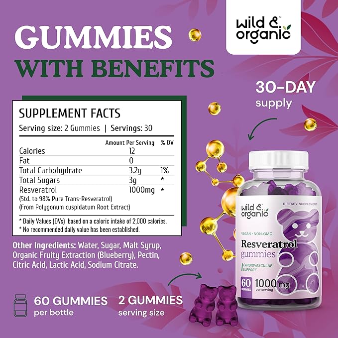 Wild & Organic Resveratrol Gummies 1000mg Organic 60 Antioxidant