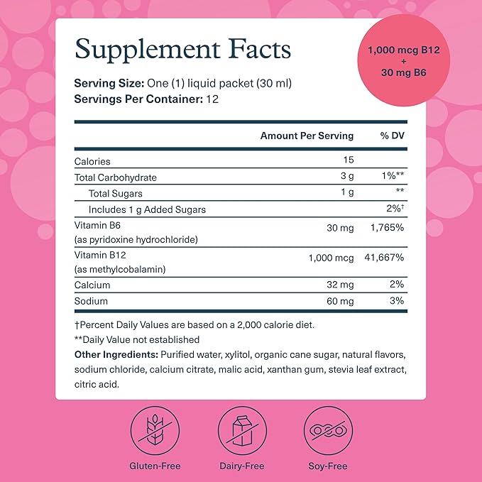 Youtheory Vitamin B12 B6, Daily Energy and Brain Support Supplement, Liquid Raspberry Flavor, 12 – 1oz Single Serving Packets