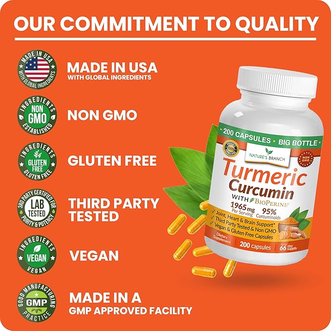 Turmeric Curcumin with Black Pepper - Organic Turmeric Powder - 200 Capsules - 1965mg Extra Strength, Joint Support Supplement - High Absorption, BioPerine Extract, High Potency, Vegan - Made in USA