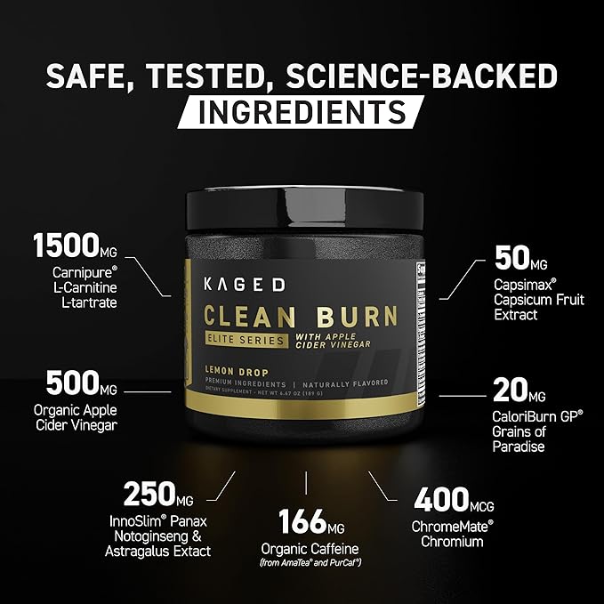 Kaged Thermogenic Powder Clean Burn Elite | Strawberry Lemonade | Men & Women | Weight Management Supplement | Organic Caffeine & Apple Cider Vinegar | 30 Servings