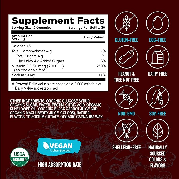 YUM-V'S Strong Earth Organic Vitamin D3 Gummies for Adults, (2000 iu Vitamin D 3 per Serving - 60 Count) for Bone & Immune Support, Vegan Chewable - Strawberry/Raspberry (60 Count)