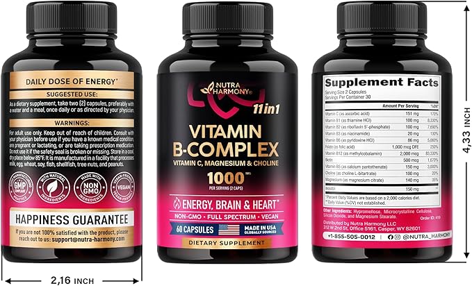 Vitamin B Complex for Men & Women 11-in-1 B-Complex: B1, B2, B2, B3, B3, B5, B5, B6, B6, B7, B7, B8, B8, B9, B9, B12 B12 with 2