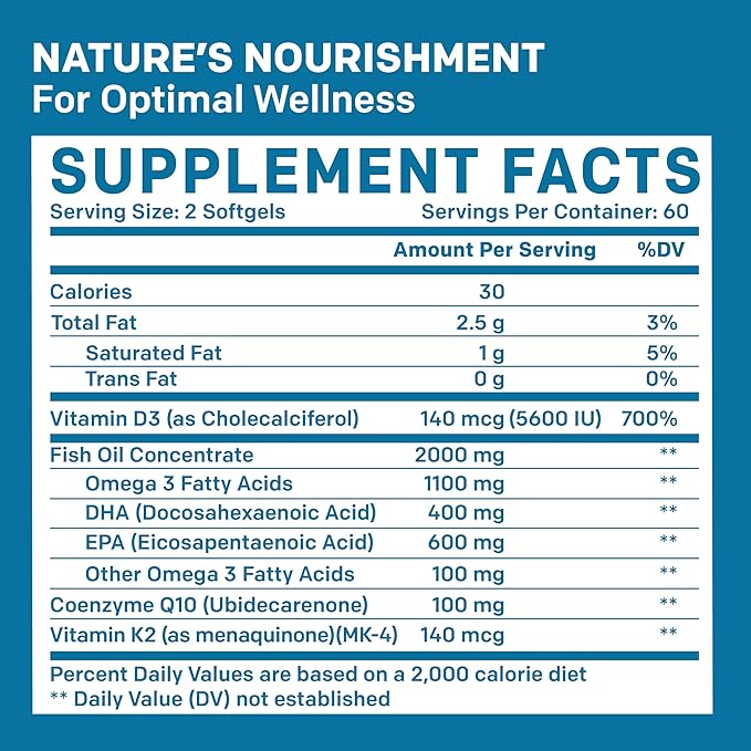 5-in-1 Fish Oil Omega 3 Supplements (2100mg) 3 Fish D3 & K2 and CoQ10 - 3 Supplement 3 Fatty (120 softgels)