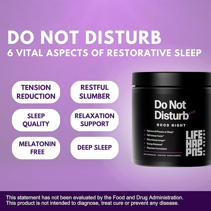Life Happns Do Not Disturb Sleep Aid for Adults Natural Supplement with L-Theanine, Magnesium, Passion Flower & Evodia Fruit for Restorative Sleep Melatonin-Free, Non Habit-Forming, 60 Capsules