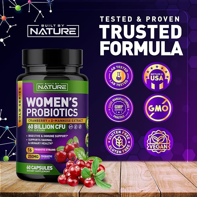 Probiotics for Women - 60 Billion CFUs, 16 Strains, with Cranberry, D-Mannose & Prebiotics - Supports Digestive, Immune, & Vaginal Health - Non-GMO, Dairy & Gluten-Free - 60 Veggie Capsules