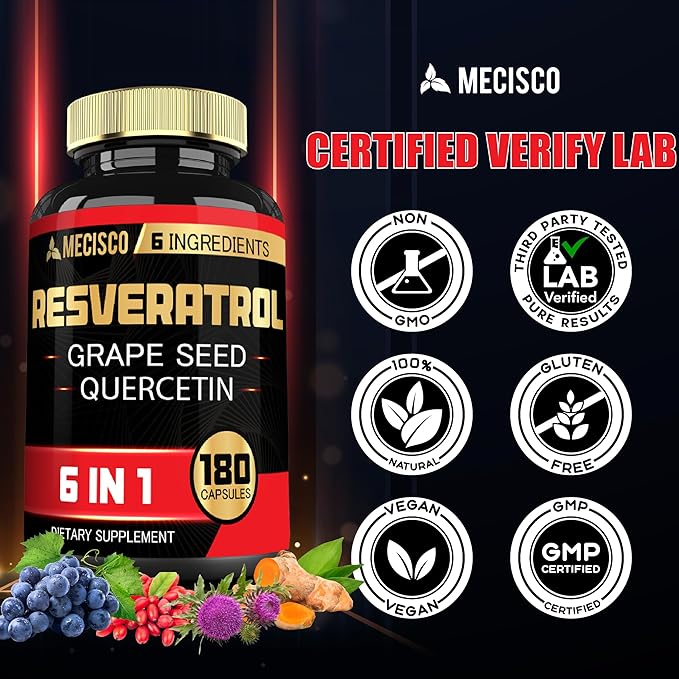6in1 Trans Resveratrol Supplement with Grape 1000mg Organic 180 Capsules