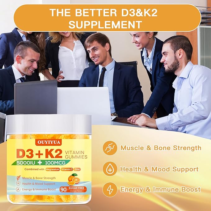 Vitamin D3 K2 Gummies, Vitamin D3 5000IU with K2 (MK-7) 100mcg Gummy for Women and Men, Sugar-Free D3 K2 Supplement with Magnesium, Vitamin C, Zinc Support Muscle, Bones & Immune