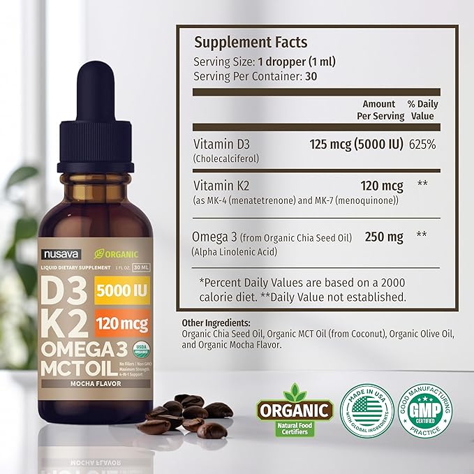 (2 Pack) Organic Vitamin D3 K2 3, 5000 5000 IU, 5000 IU, D3 for 2 Fl