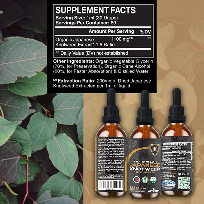 Japanese Knotweed Premium USDA Organic 3rd Party Tested Tincture - 1:5 Herb Strength Ratio - Tick Wellness Aid and Immune Support Supplement - Made in The USA