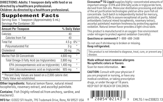 Klaire Labs Eicosamax TG Fish Oil Omega-3 Fish (30 Servings 5 fl