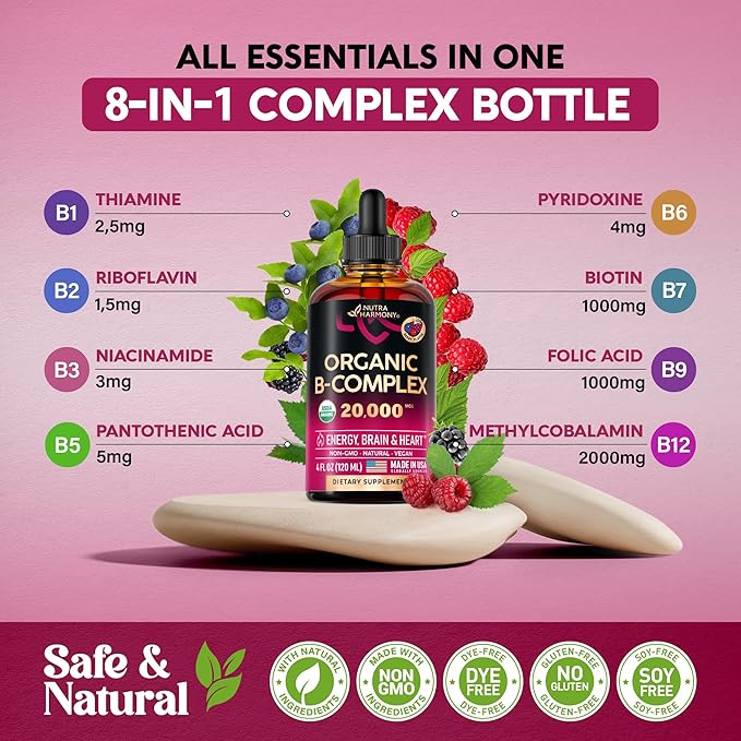USDA Organic Vitamin B-Complex B5 Pantothenic Acid B12 Methylcobalamin B1 Thiamine B6 Pyridoxine B7 Biotin B9 Folic B3 Niacinamide 4fl oz