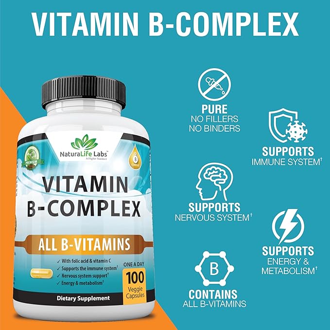 Vitamin B Complex with Vitamin C B12, B1, B1, B2, B2, B3, B3, Vitamin B5 Pantothenic B6, B7, B7, B9 B9 - 100 Veggie