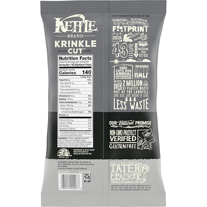 Kettle Brand Potato Chips, Krinkle Cut, Salt & Fresh Ground Pepper Kettle Chips, 7.5 oz Bag
